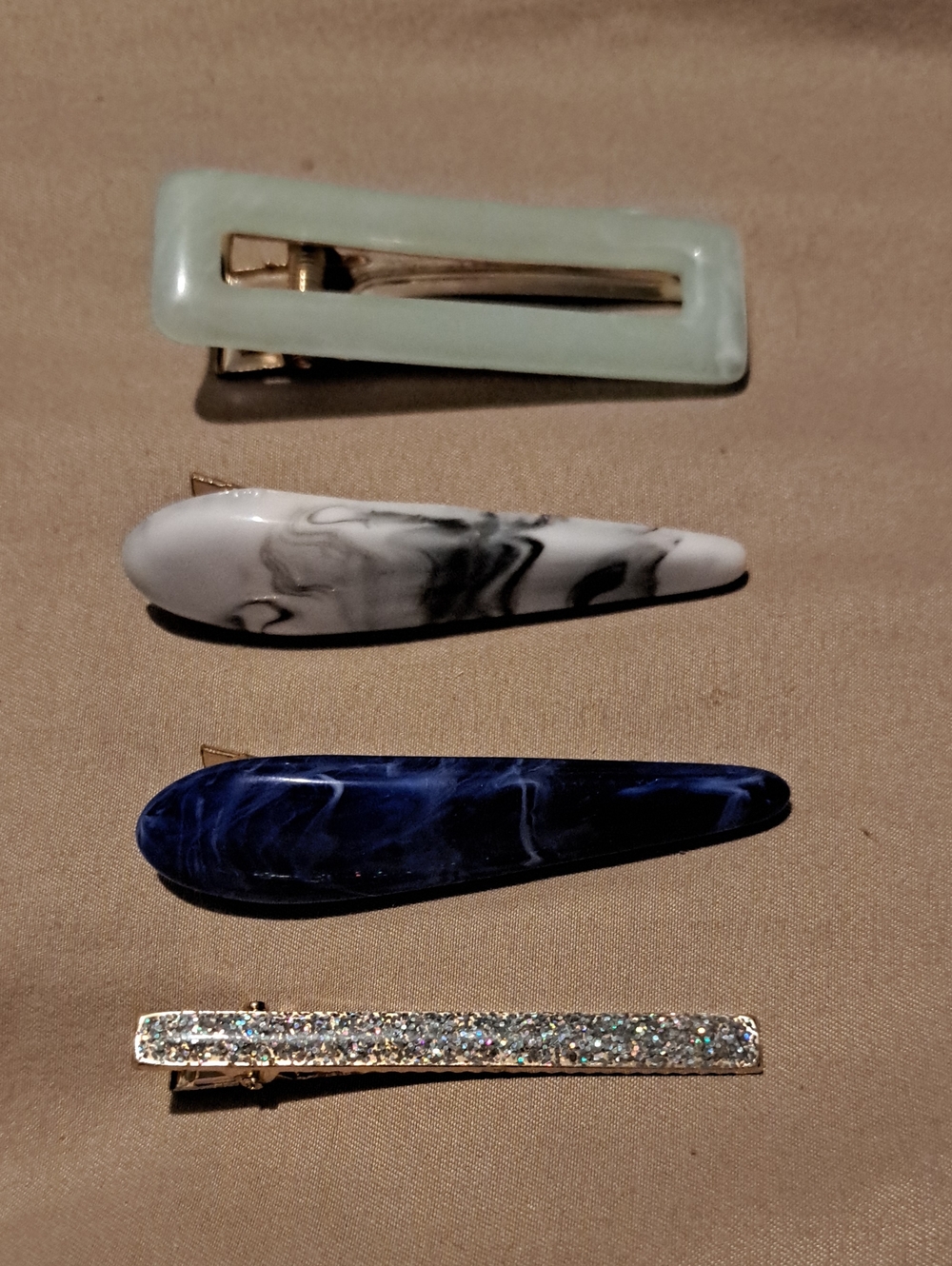 Set of 4 Women's Hair Clips - Mint, Marble White, Navy, and Glitter Silver